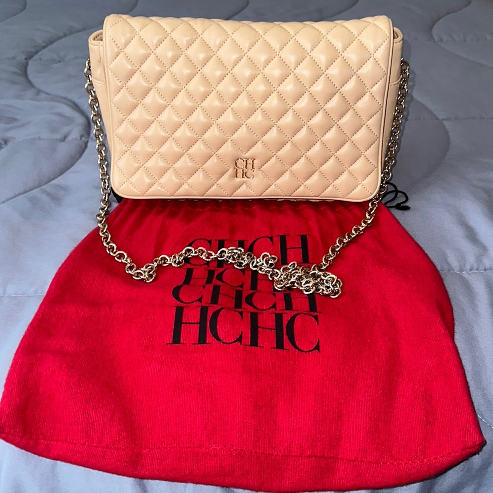 CH Carolina Herrera Beige Quilted Leather Flap Chain Shoulder Bag
